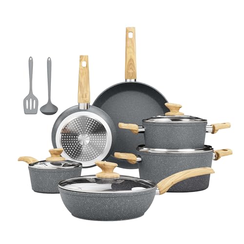 Pots and Pans Set Non Toxic (Gray / 12 Pcs Cookware Set)
