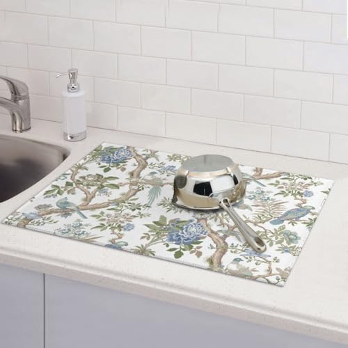 Floral Bidrs Dish Drying Mat 18x24 for Kitchen Counter (24" x 18")