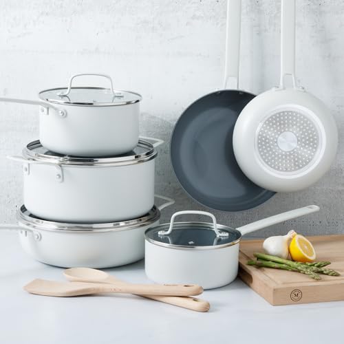 Emmeline Premium Nonstick PFA Free Ceramic Interior 12 Piece Heavy Gauge Enamel Aluminum Pots and Pans Cookware Set (12-Piece Cookware Set / Linen White)