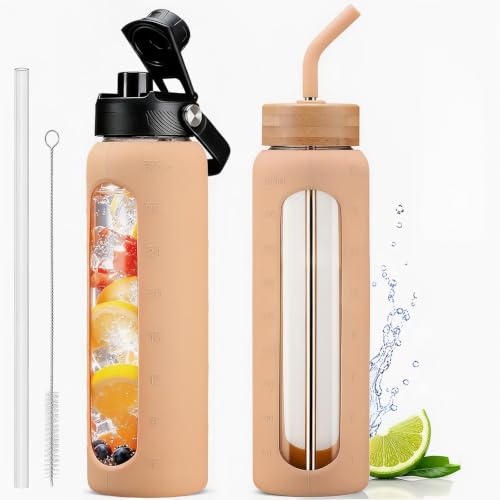 32oz Glass Water Bottle with Straw and 2 Lids (Amber / 32 Ounces)