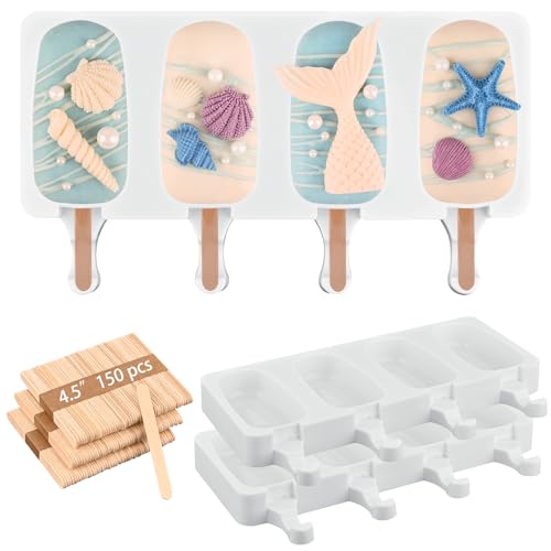3 Pack Large Silicone Popsicle Molds with 150 Pcs Wooden Sticks (3 Pcs Large - White (150 Sticks))