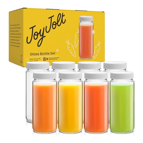16 oz Reusable Glass Bottles with Caps. Set of 8 Juicing Bottles With Lids and Juice Jars Labels. Glasses for Cold Brew (White Lids)