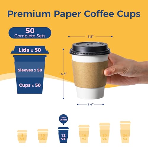 50 Pack 12 oz Disposable Coffee Cups with Lids (12 oz)