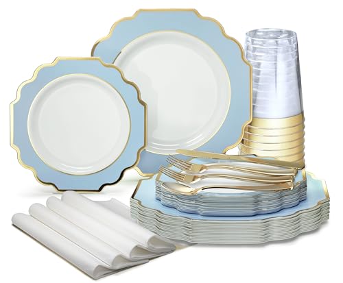 OCCASIONS FINEST 320 Piece Disposable Dinnerware Set for 40 Guests (320 Piece (40 Guest) / C. Imperial Blue & Gold)