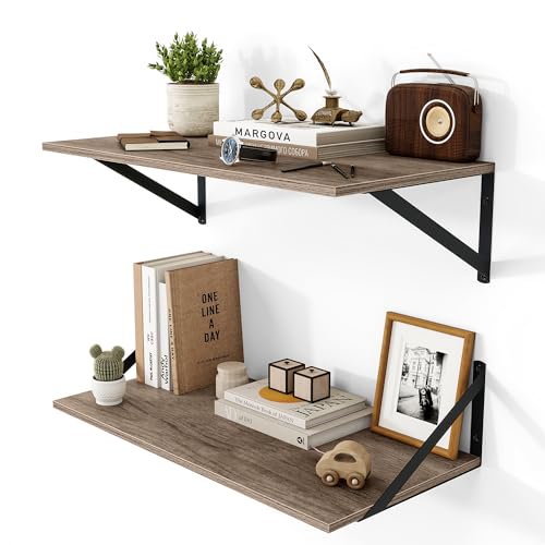 24W x 12D Deep Floating Shelves Set of 2 Grey (Grey With Black Metal Bracket / 24Wx12Dx5.8H)
