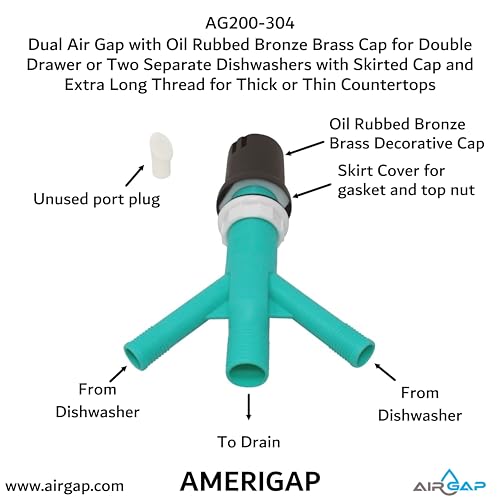 Dual Air Gap with Oil Rubbed Bronze Brass Cap for Double Drawer or Two Separate Dishwashers with Skirted Cap and Extra Long Thread for Thick or Thin Countertops (AG200-304)