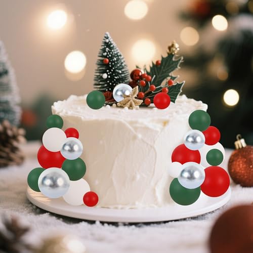 40 Pcs Ball Cake Toppers Red Green White Silver Sticks Foam Balls DIY Cake Topper Insert Balls Cake Decorations for Baking Christmas Party Decorations (40-red Green White Silver)