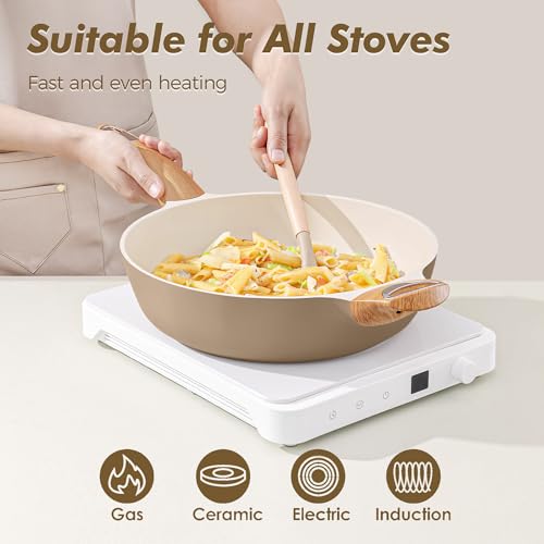 Ceramic Nonstick Frying Pan Skillet with Lid (6QT / 13.3IN / Ceramic Taupe)