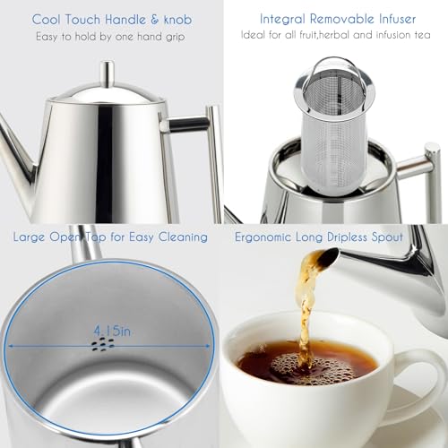 Stainless Steel Double Wall 34 oz Tea Pot with Removable Tea Infuser (34 oz / Chrome)
