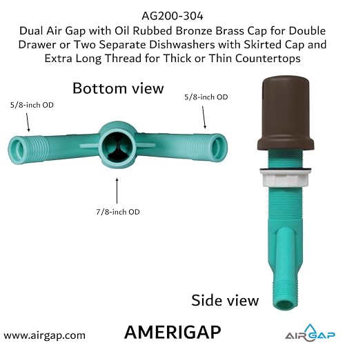 Dual Air Gap with Oil Rubbed Bronze Brass Cap for Double Drawer or Two Separate Dishwashers with Skirted Cap and Extra Long Thread for Thick or Thin Countertops (AG200-304)