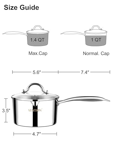 Tri Ply Stainless Steel 1.4 Quart Induction Saucepan with Lid (Upgraded Style / 1 Quarts)