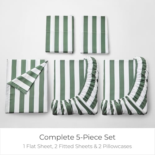 Iconic 5-PC, Ultra Soft Sheet Set (Split King, Oxford Stripe Sage) (3436 Oxford Stripe Sage / Split King)