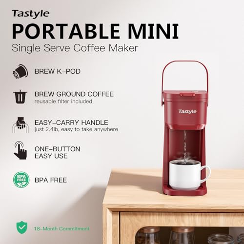 Mini Single Serve Coffee Maker for K Cups and Grounds with Handle (Vintage Red)