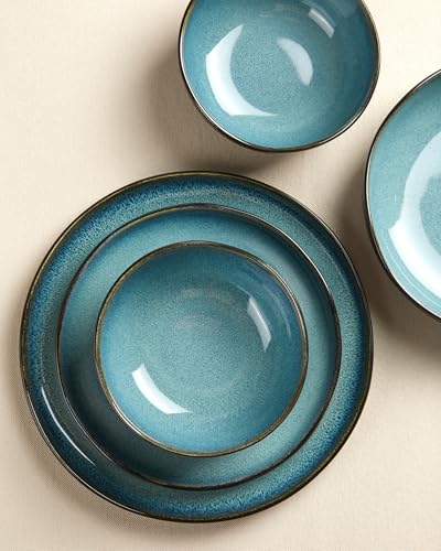 24 Pieces Dinnerware Set for 6 with Pasta Bowls (Green Black / Set (24pcs-6))