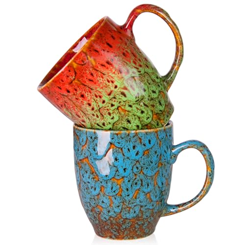 16 oz Ceramic Coffee Mugs Set of 2 (Blue, Red & Green)