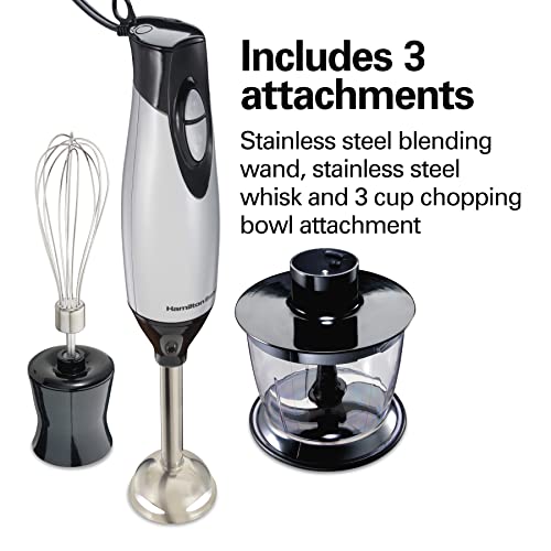4-in-1 Electric Immersion Hand Blender with Handheld Blending Stick, Whisk + 3-Cup Food & Vegetable Chopper Bowl, 2-Speeds, 225 Watts, Silver and Stainless Steel (59765) (3-Piece / Blender)