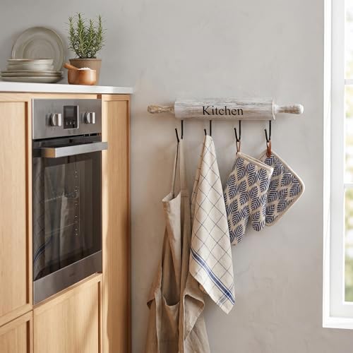 White Washed Wood Kitchen Utensil Rack with 4 Hooks (Whitewashed)