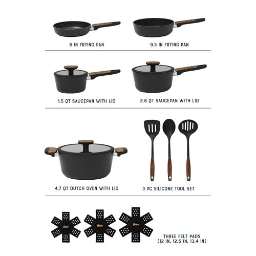 Platinum Oxburg 14 Piece Forged Aluminum PFA Free Non (Black w/ Wood / 14-Piece Cookware Set)