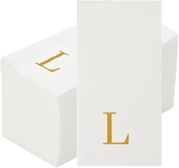 Luxenap 15.8 X 7.9 Inch Linen-Feel Guest Towels, 2000 Lettered Hand Towels - Gold Letter 'L', Sans Serif Font, White Paper Dinner Napkins, airlaid, For Restrooms And Tables