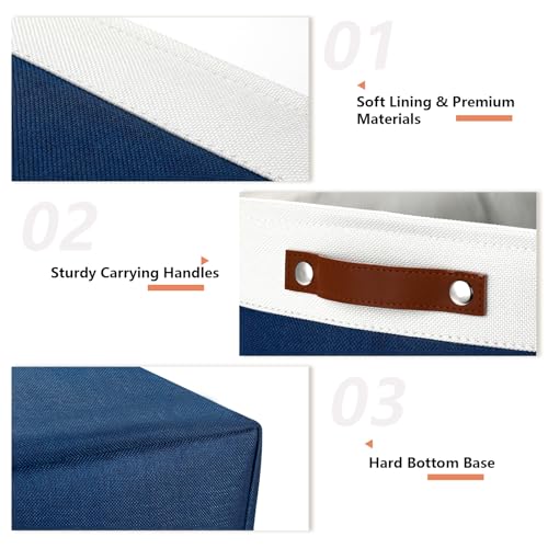 Large Storage Baskets with Leather Handles for Linen Closet and Home Office (White&Blue / XL-16"x 12"x12")