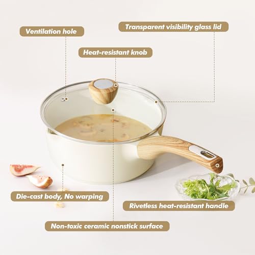 Ceramic Nonstick Sauce Pan with Lid (Ceramic White / 2 Quarts)
