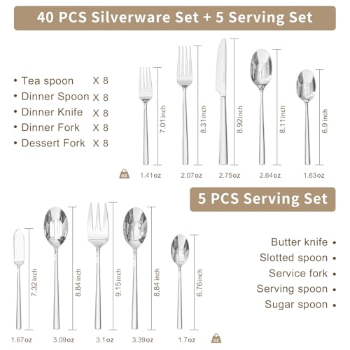 45 Piece Silverware Set with Serving Utensils (45-Piece / Silver)