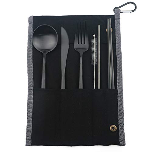 Portable 6 Pieces Flatware Set (Black Pouch / Black)
