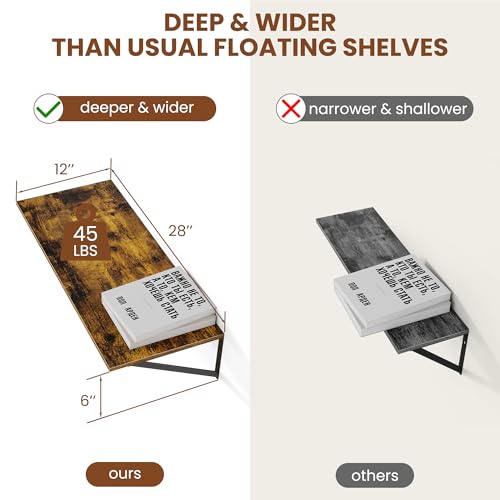 28W x 12D Deep Floating Shelves Set of 2 Rustic Brown (Rustic Brown With Black Metal Bracket / 28Wx12Dx5.8H)