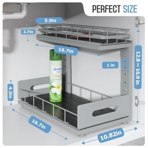 Under Sink Organizer Upgrade To Professional Rails (Gun Gray / 2 Pack-16.7"Dx12.8"-16.9"H)