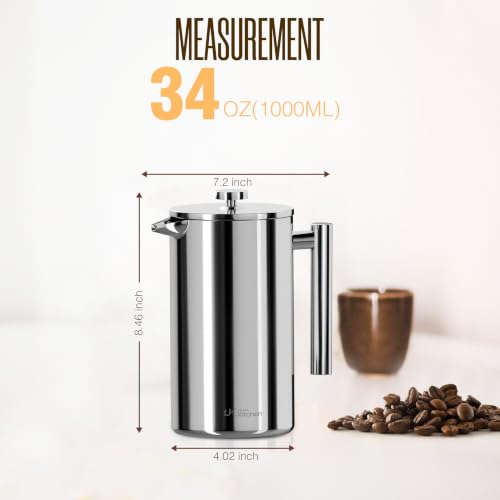 304 Grade Stainless Steel French Press 34 Oz (Silver / 34 Ounce)