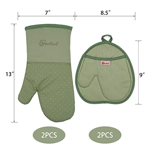 Silicone Oven Mitts (4PCS-13"L x 7"w/Peak Green-HeartSet)