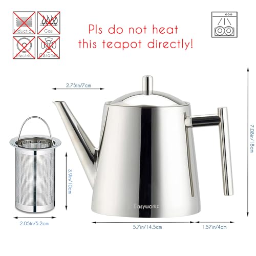 Stainless Steel Double Wall 34 oz Tea Pot with Removable Tea Infuser (34 oz / Chrome)