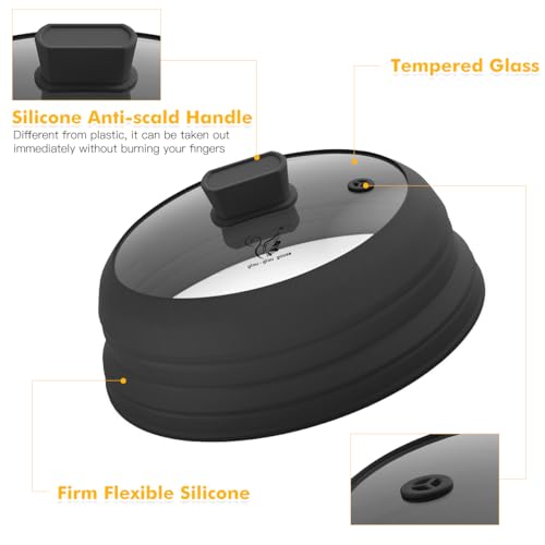 Microwave Splatter Cover Glass Splatter Guard Lid with Collapsible Silicone for Food Pot Plate Cover 11.8 inch Black (Black / 11.8 inch)