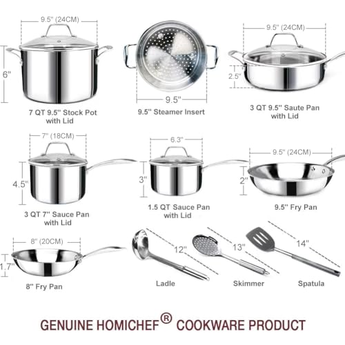 14 Piece Nickel Free Stainless Steel Cookware Set Whole (Mirror Polished Stainless Steel - 6 Years Warrantv / 14 PCS - Whole-Clad 3-PLY)