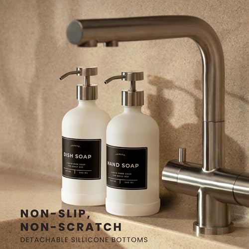Hand and Dish Soap Dispenser for Kitchen and Bathroom (Matte White Bottle / Brushed Silver Pump)