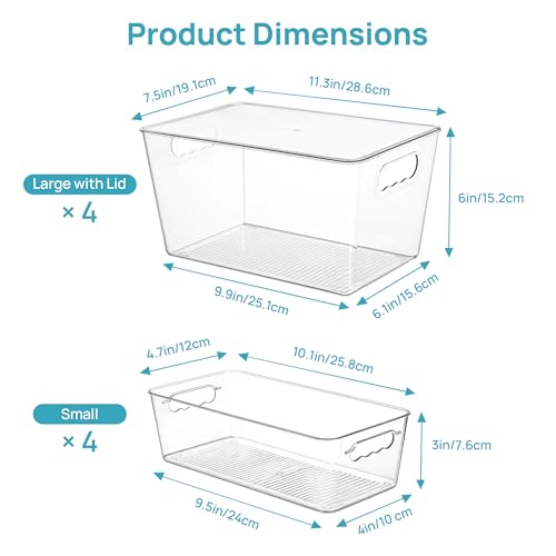 8 Pack Clear Storage Bins with Lid Set for Pantry Organizer (Set A)