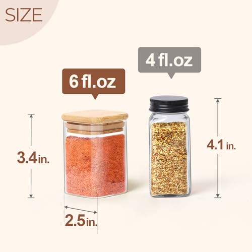Square Glass Spice Jars with Labels 6 oz 6 Pack with Bamboo Lids (6 Count)