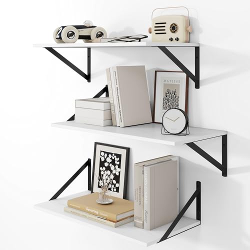 24W x 12D Deep Floating Shelves Set of 3 White (White With Black Metal Bracket / 24wx12dx5.8h)