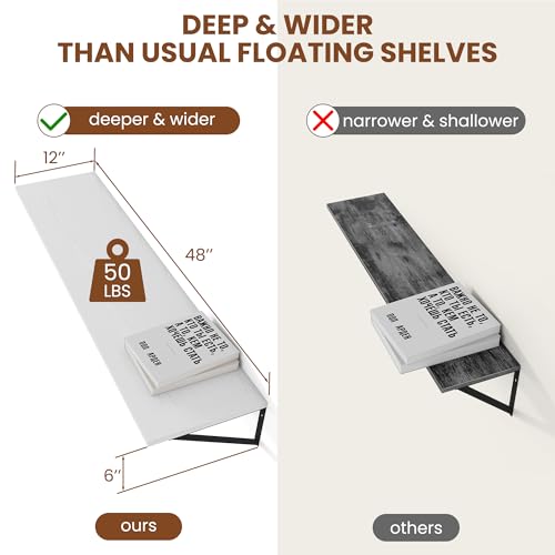 48W x 12D Deep Floating Shelves Set of 2 White (White With Black Metal Bracket / 48wx12dx5.8h)
