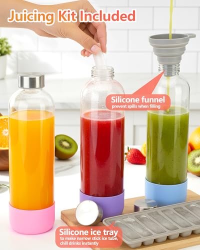 32oz Large Glass Juice Bottles With Stainless Steel Lids (Pink-Lilac-Blue)