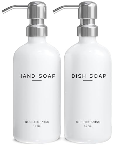 White Glass Hand and Dish Soap Dispenser Set by Brighter Barns (Silver Hd)