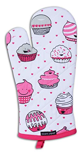 Oven Mitts Set of 1 Quilted Liner with Hanging Loop Non Slip (7x13 inches / Cup Cakes)