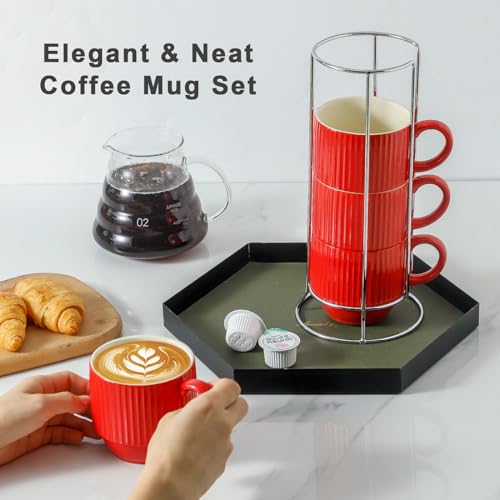 12 Oz Coffee Mugs Set of 4 with Rack (Red / 12 Ounces)