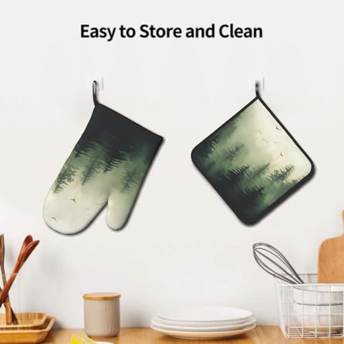 Green Misty Forest Oven Mitts and Pot Holder Set of 2 Mountain Woodland Heat Resistant Kitchen Gloves Hot Pad for Baking Cooking Microwave (Green Forest)