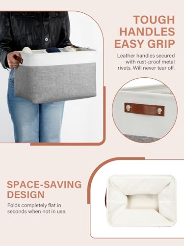 4 Pack Large Fabric Baskets for Storage 15"x11"x9.5" Storage Bins for Organizing Linen Closet Baskets with Handles (White&Grey / L-15"x11"x9.5")