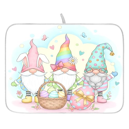 Colorful Easter Cute Gnomes Dish Drying Mat for Kitchen Counter Absorbent Microfiber Large Drying Pad Dish Mats for Kitchen Countertops 18 x 24 Inch (24" x 18")