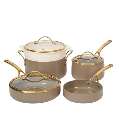 Pots and Pans Set (Cappuccino Cream w/ Gold Handle / 8-Piece Cookware Set)