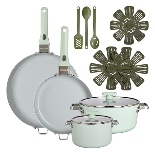 14 Piece Ceramic Cookware Set with Removable Handles (Green)