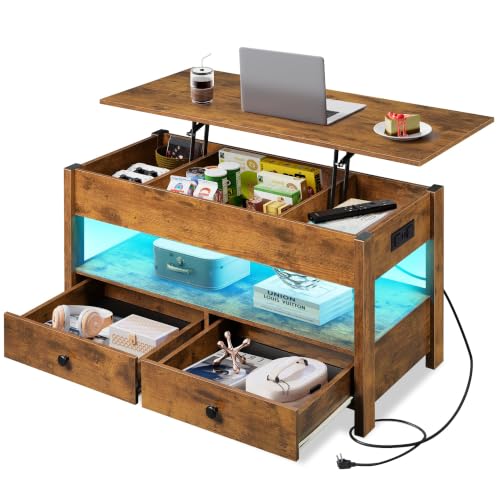 Lift Top Coffee Table with LED and 2 Drawers (Led+brown / 39" with Drawer)