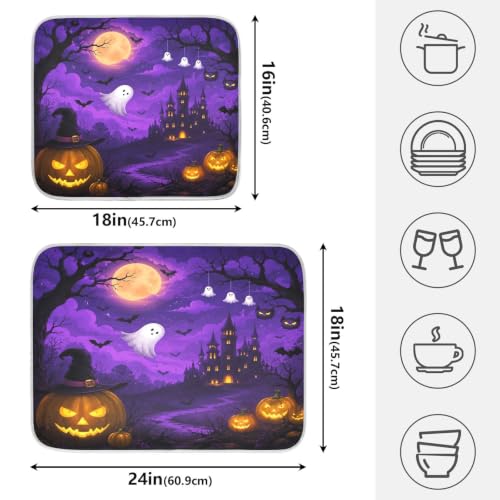 Halloween Scary Night Pumpkin Lanterns Purple Castle Dish Drying Mat for Kitchen Counter Absorbent Microfiber Large Drying Pad Dish mats for Kitchen Countertops 18 x 24 Inch (Halloween Scary Night / 24" x 18")